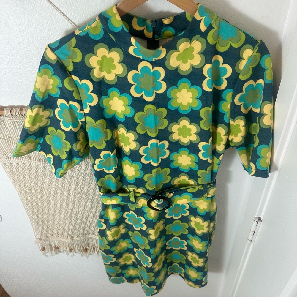 60s Flower Power Retro Vintage Like Floral Patterned Dress 70s Green US 14 - Picture 7 of 8